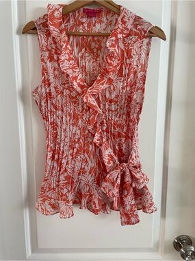 Ann Taylor Coral and White Floral Sleeveless Ruffle Tie Top